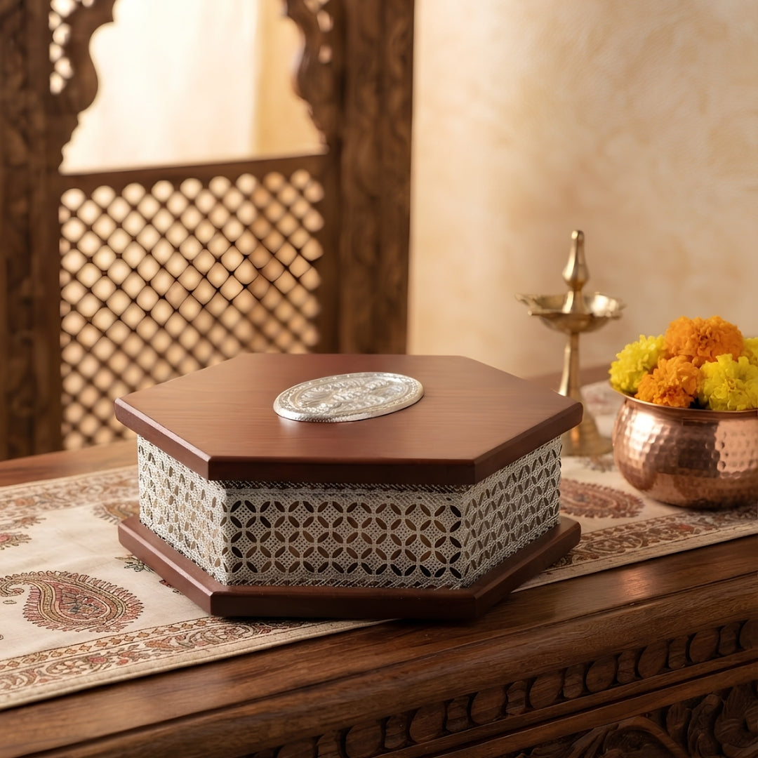 Hexagonal Wooden Silver-Plated Mithai Box