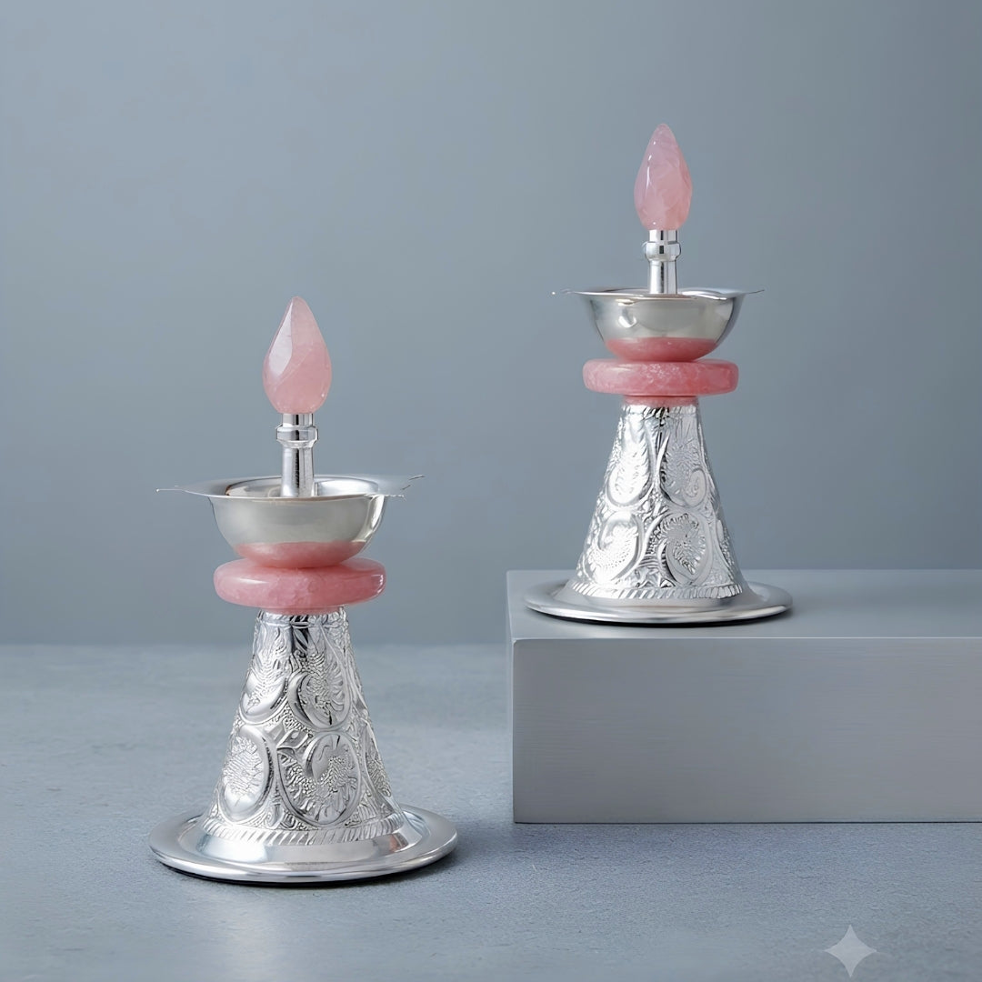 METAL Silver-Plated PINK RESIN Diya SAMAI Set of 2