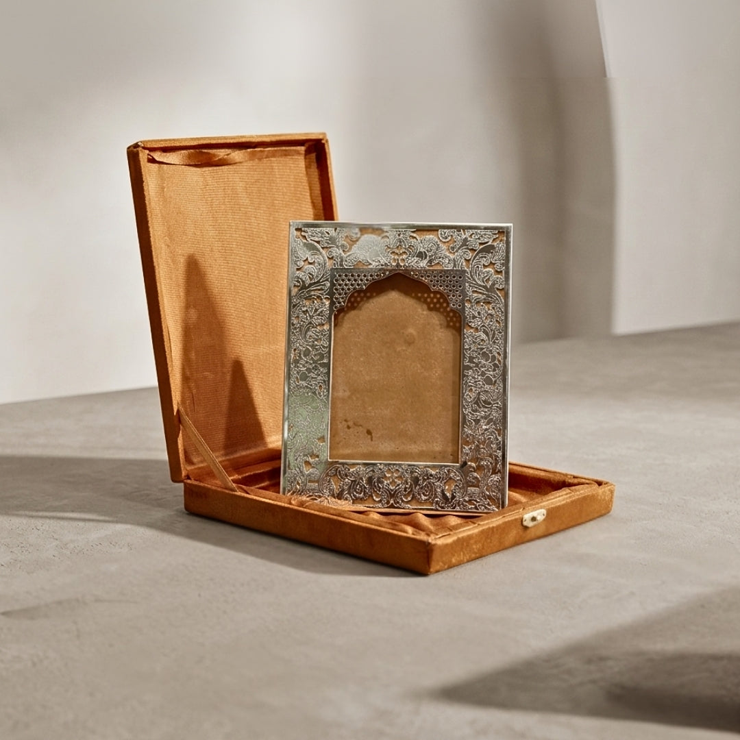 Elegant Silver-Plated Jharokha Photo Frame with Velvet Gift Box
