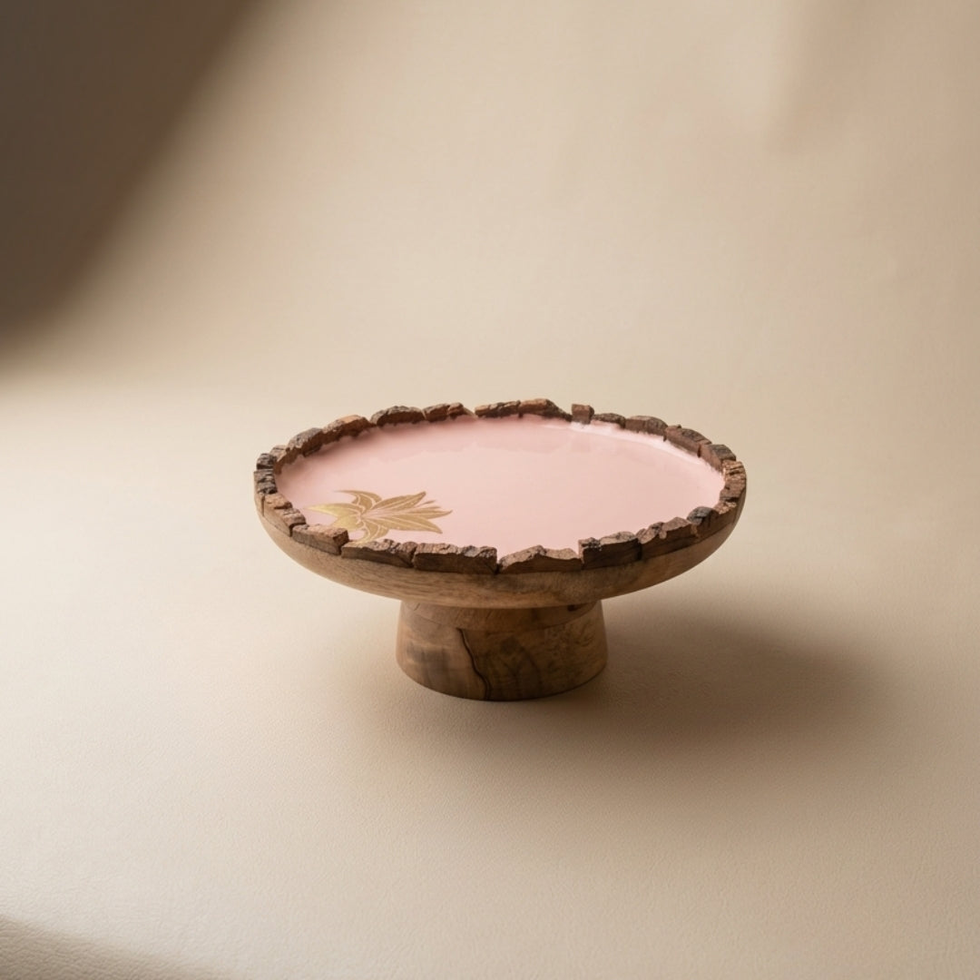 Peach Enamel Wooden Cake Stand with Tulip Foil Print