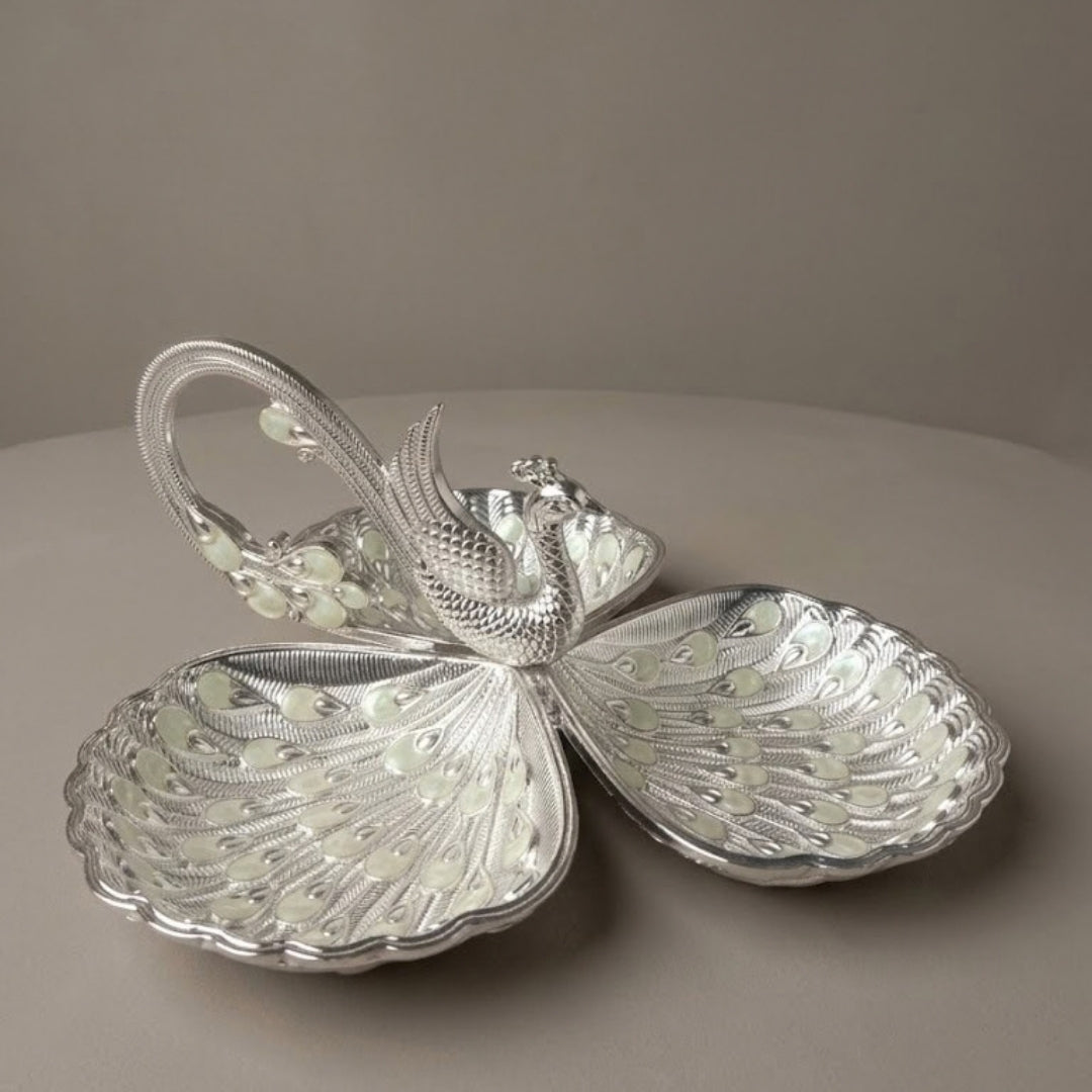 Decorative Silver Plated Peacock 3 Compartment Serving Tray