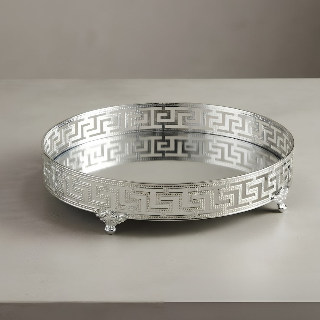 Silver Mirrored Decorative Round Tray with Greek Key Pattern - LARGE 12"