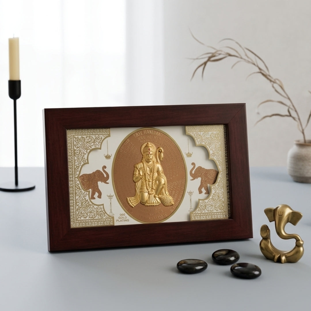 24K Gold Plated Shree Hanuman Ji Wooden Photo Frame | Divine Bajrangbali Idol for Wall & Table