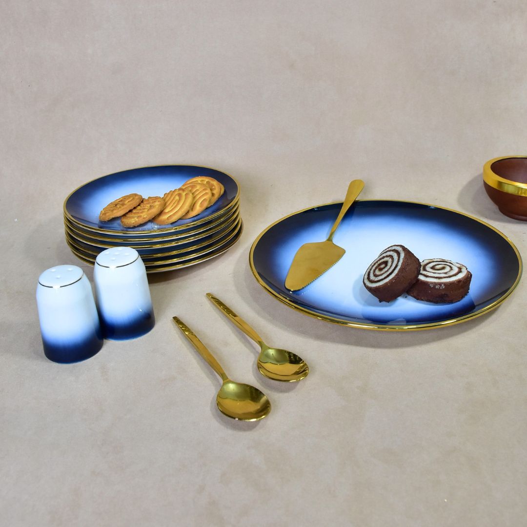 Ceramic Blue Color Platter Set of 1 Platter, 6 Snack Plates, 1 Picker & Salt /Pepper Bottle