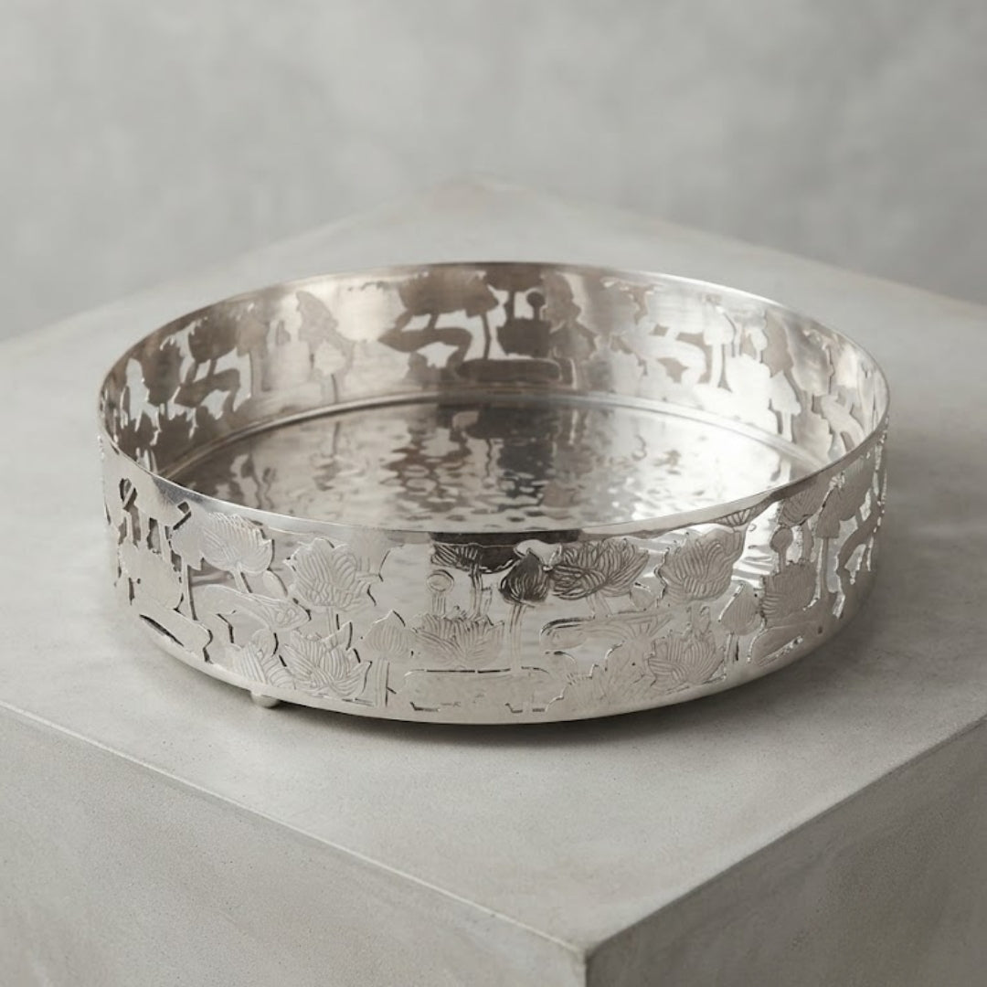 Decorative Silver-Plated Lotus Pattern Vanity Tray