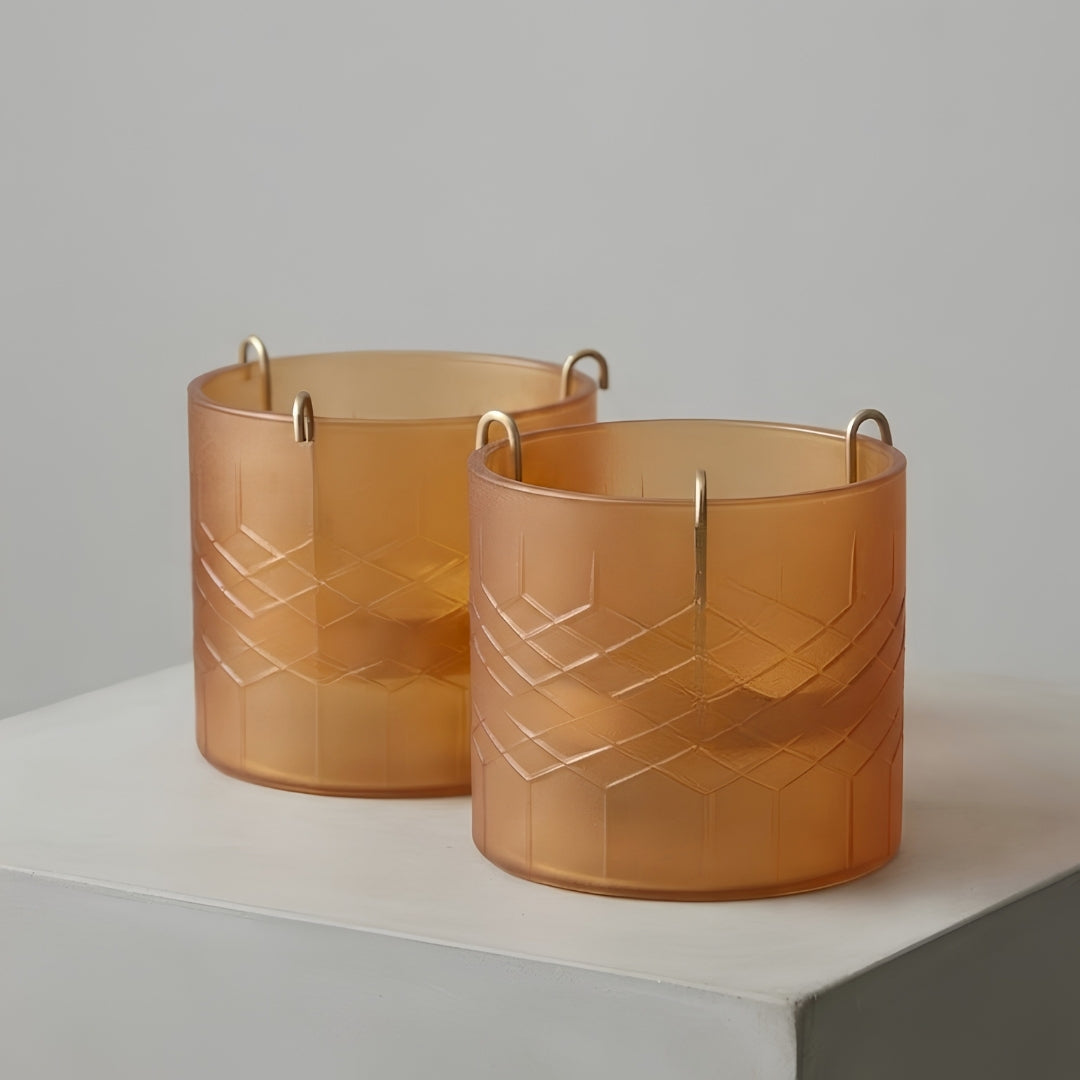 Set of 2 peach Glass Votives with Internal Metal Tea Light Holders