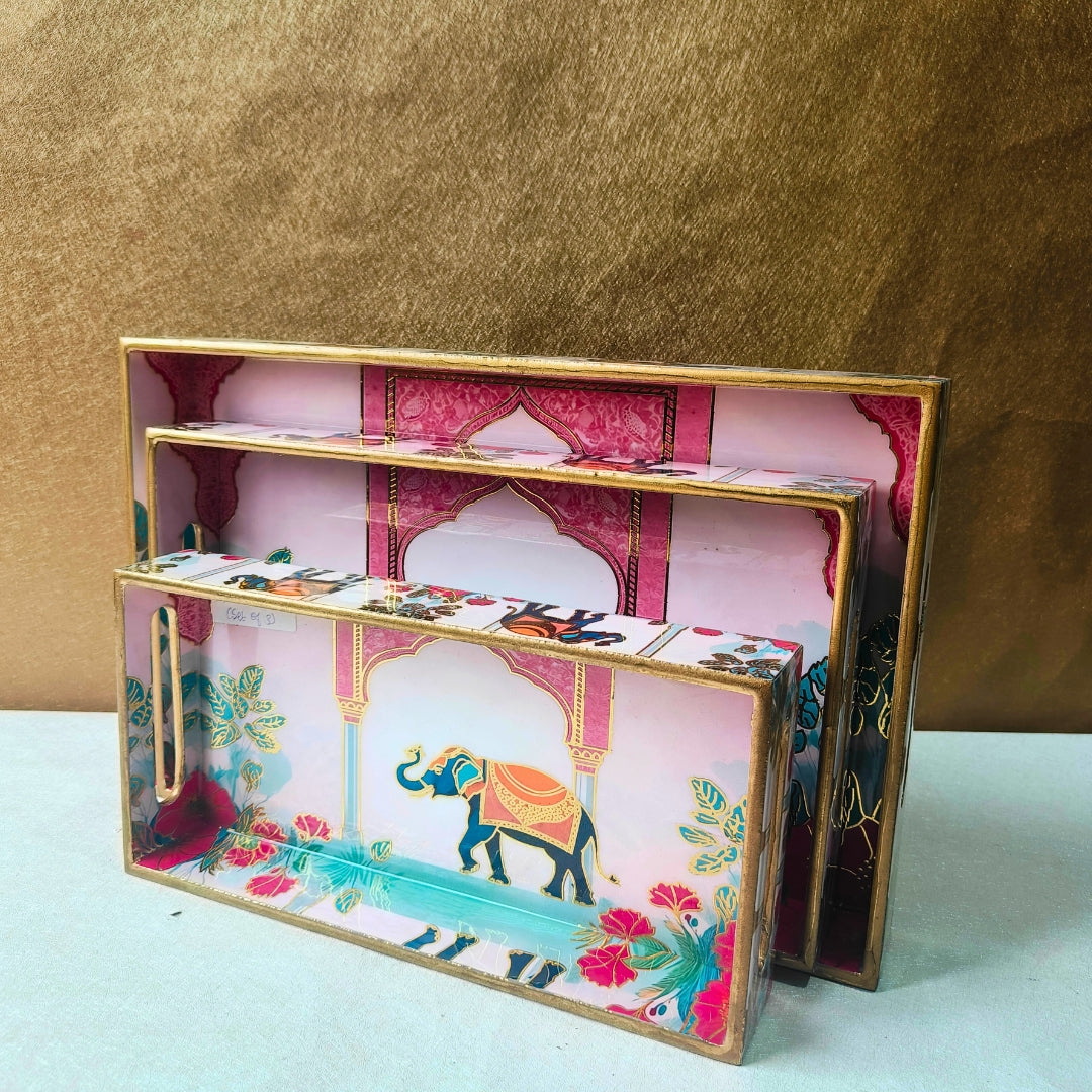 Elephant Pink Pattern Design Enamel Tray(Tray Set of 3)