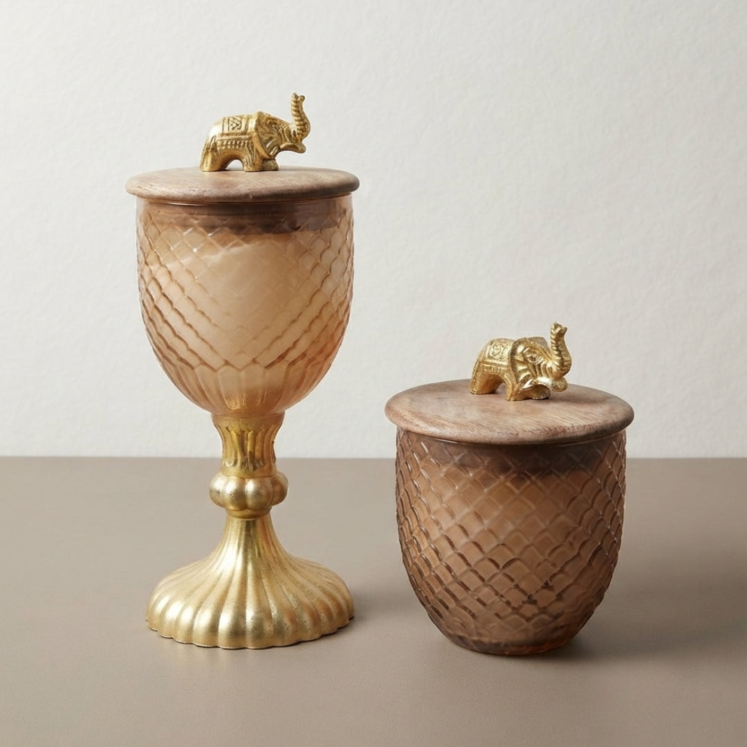 Set of 2 Scented Glass Candle Jars with Wooden Elephant Motif Lids