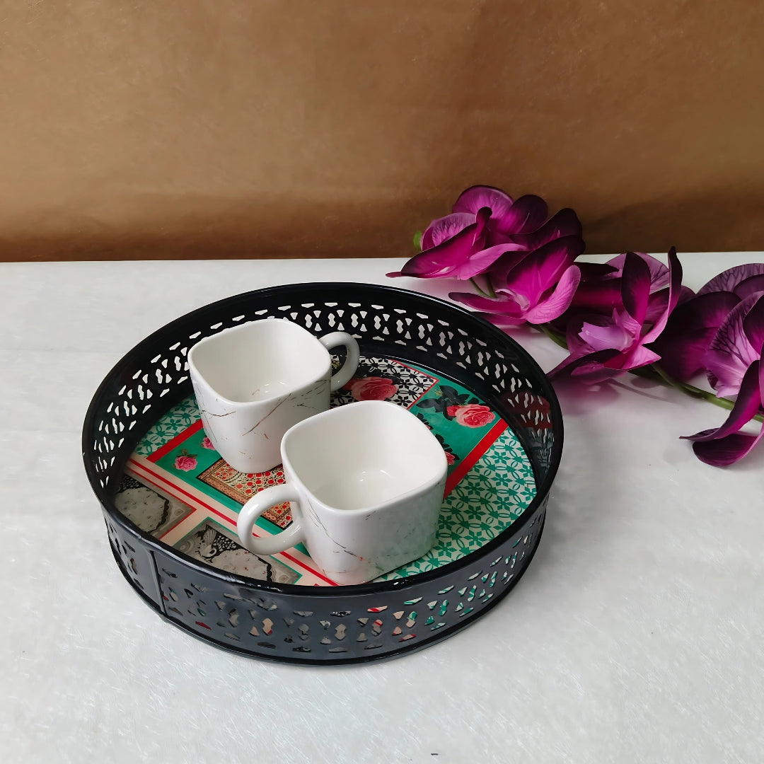 Metal Round Tray - Green Mughal Print  Small