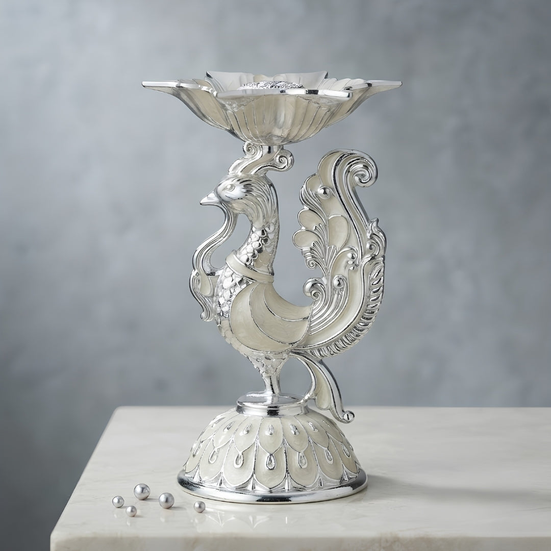 White metal Decorative Silver Peacock Design Diya