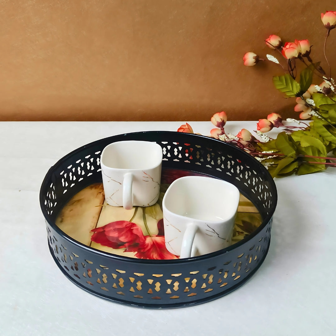 Metal Round Tray - Beige Flower Print  Large