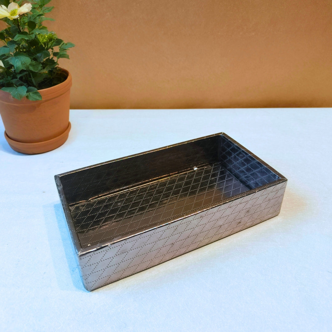 Small Rectangle silver leatherette tray with wooden base