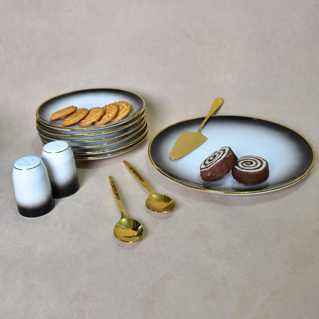 Ceramic Black Color Platter Set of 1 Platter, 6 Snack Plates, 1 Picker & Salt /Pepper Bottle