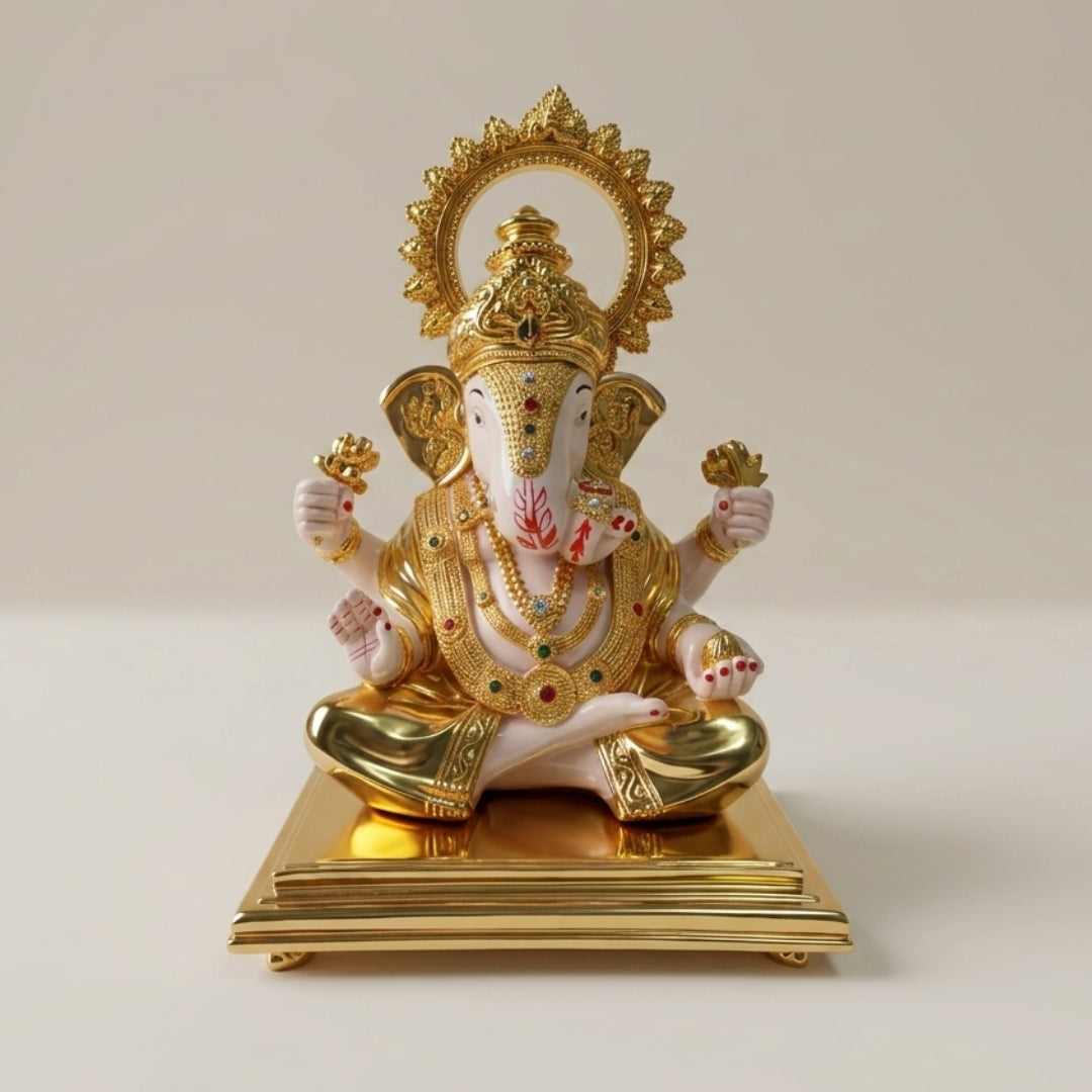 Premium 24K Gold-Plated Lord Ganesha Idol – Exquisite Handcrafted Ganpati Murti for Home Decor, Office Desk & Luxury Gifting ( White & Gold Finish)