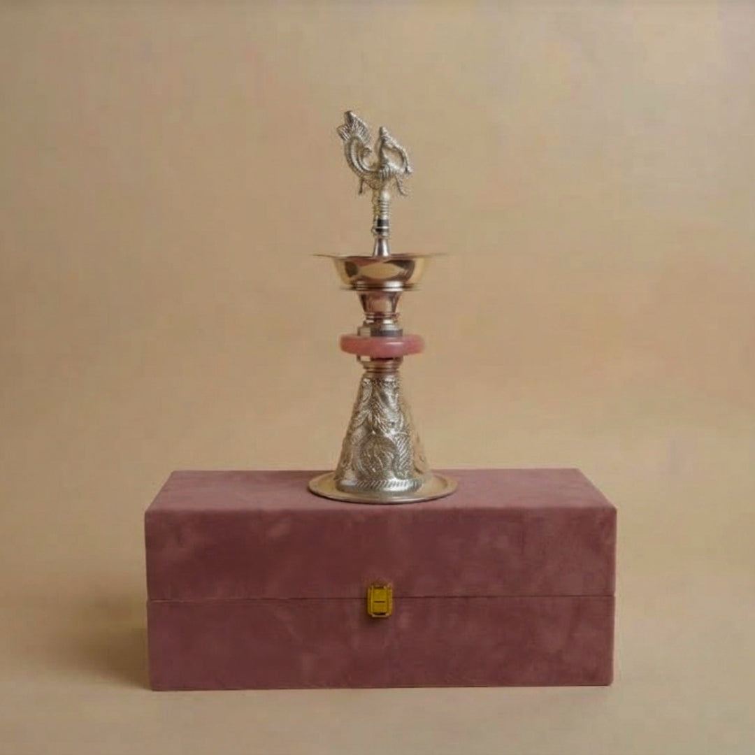 Silver-Plated Peacock Diya  with Velvet Gift Boxe- PINK SINGLE PC