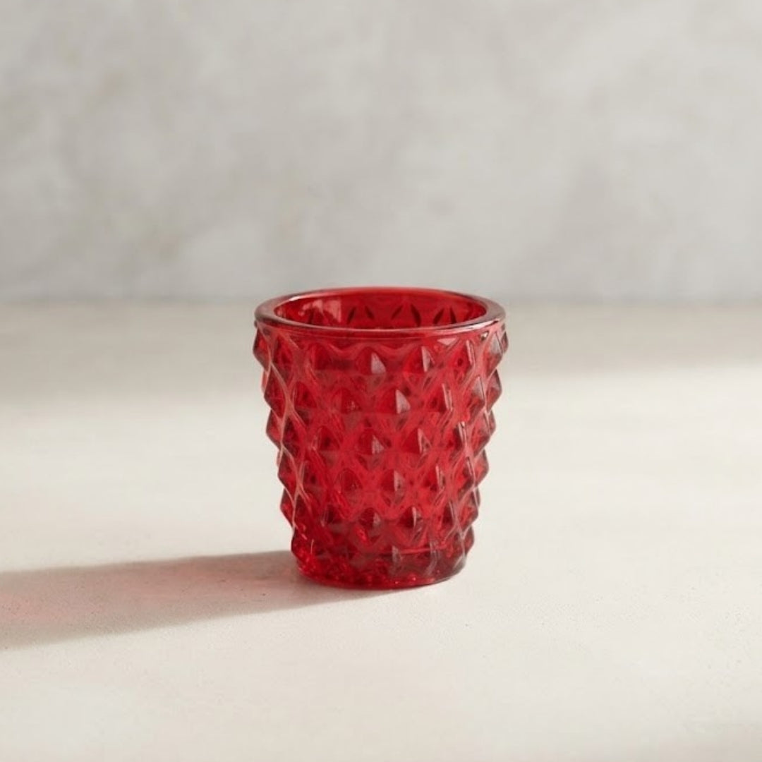Red Diamond-Cut Glass Tea Light Votive Holder-SINGLE PC