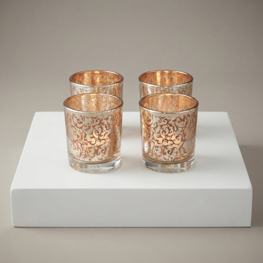 Etched Orange Glass Votive Candle Holders - Elegant Small Set of 4