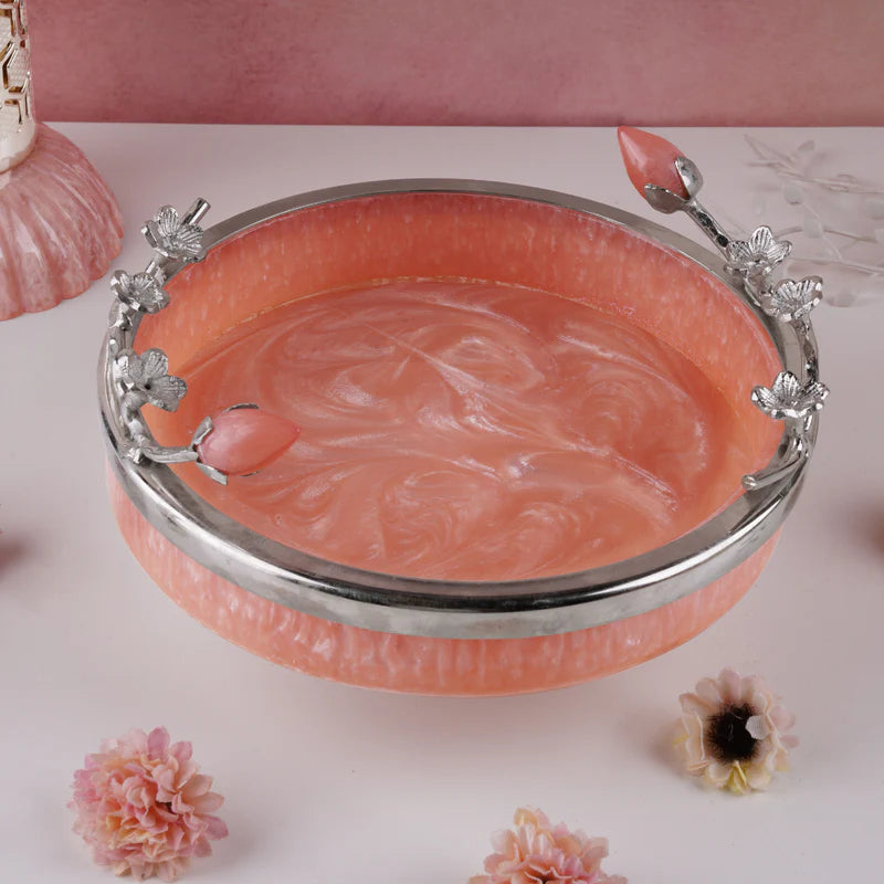 Pink Resin Platter With Brass Silver Plated Rim - Small