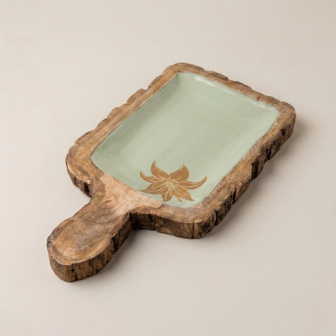 Green Enamel Wooden Paddle Platter with Tulip Foil Print