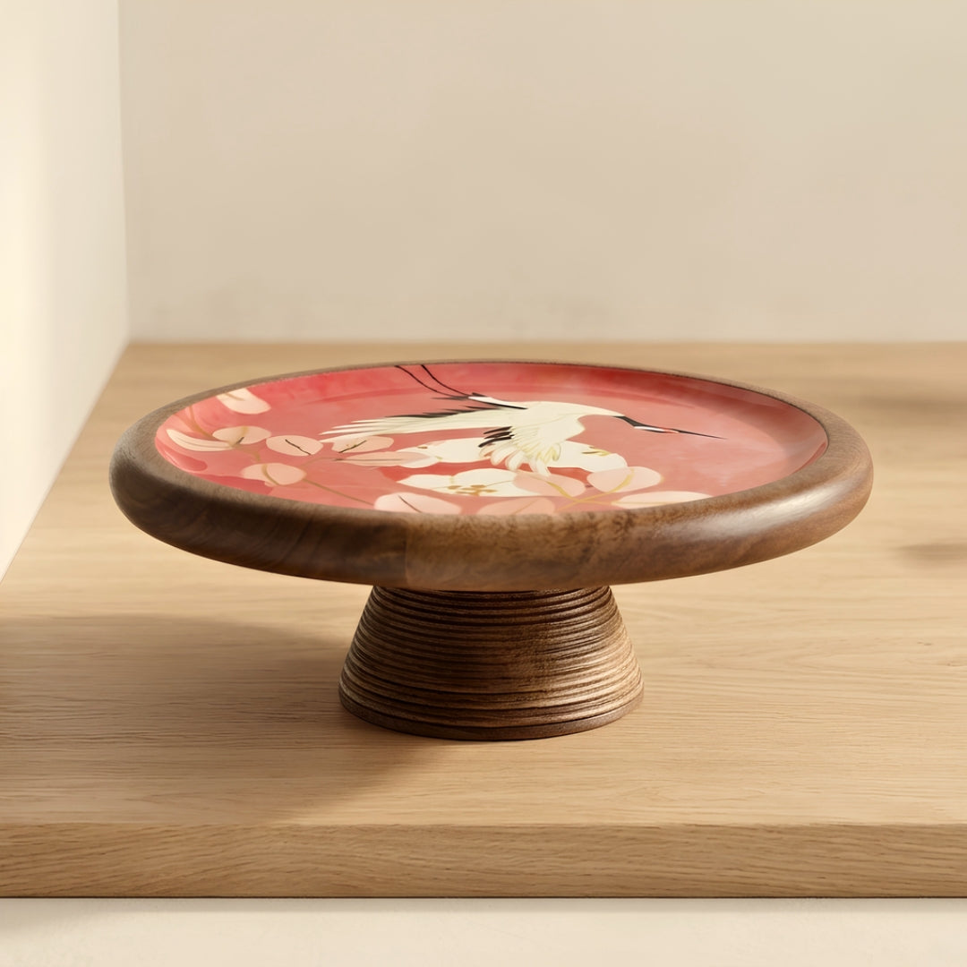 Flamingo Print Enamel & Wooden Cake Stand