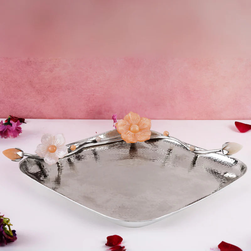 Brass Silver Plated Square Platter With Peach Resin Flower