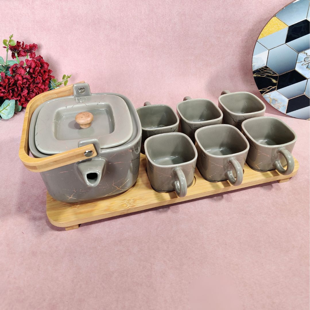 Ceramic Cup & Teapot With Tray Set Of 6 - Grey