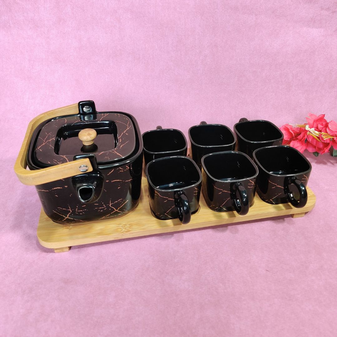 Ceramic Cup & Teapot With Tray Set Of 6 - Black