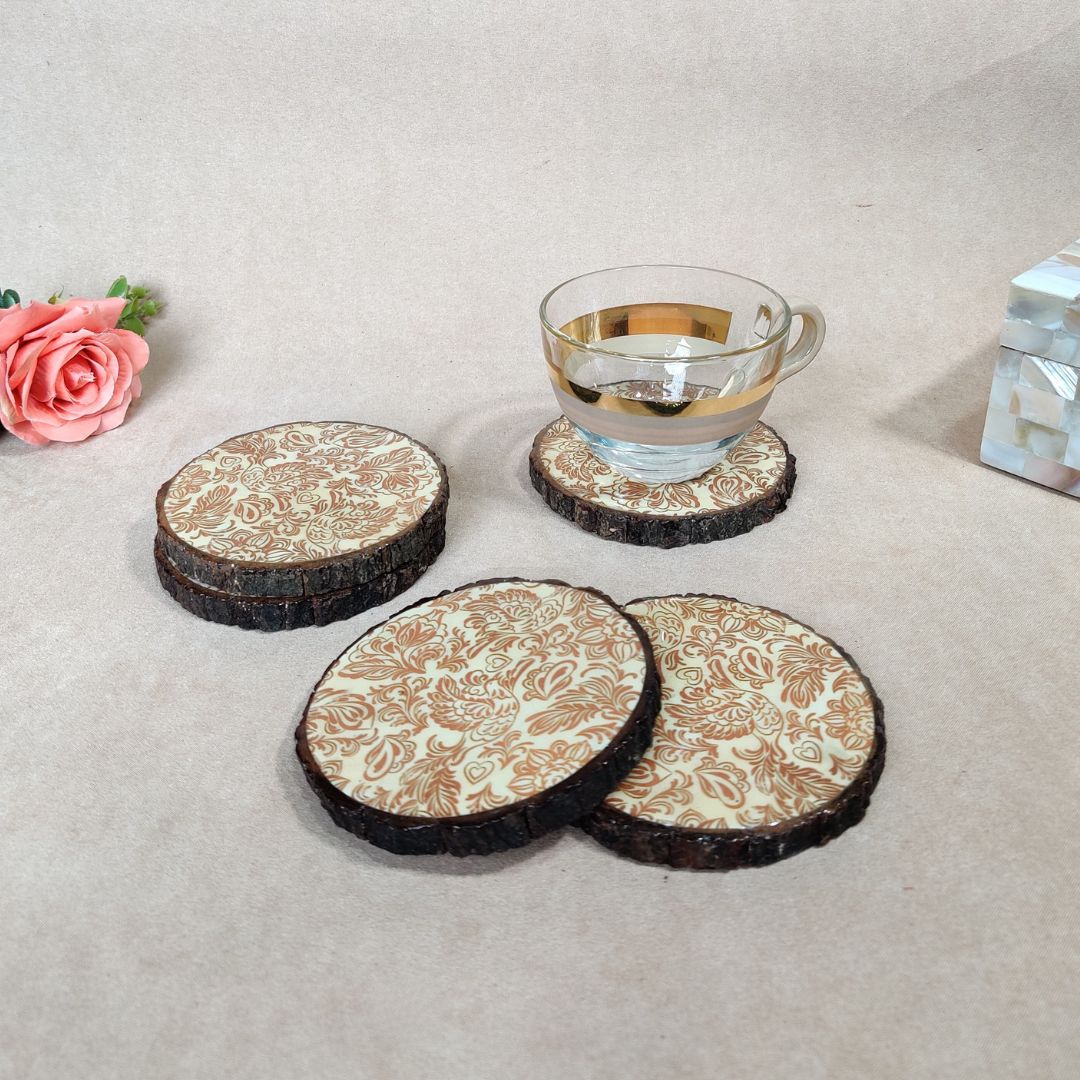 Table Coaster - Cream & Gold Wooden Coaster Set Of 5