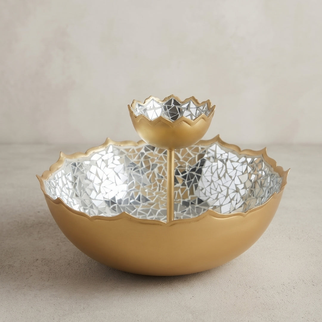 metal 2 tier  urli with silver  mosaic chips and lacquered-12"