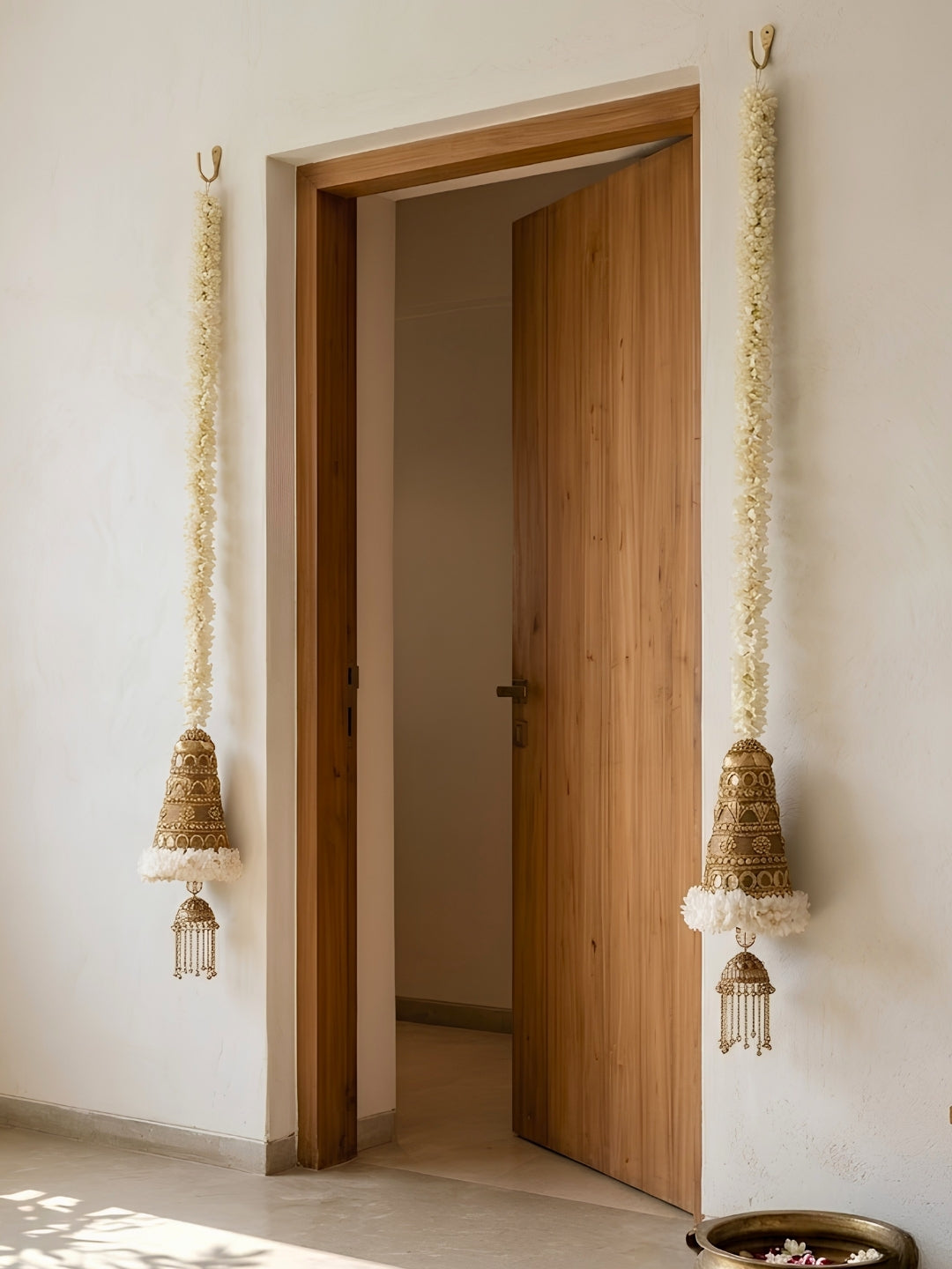 Artificial White gajra with metal cone sidehanging set of 2 -Medium