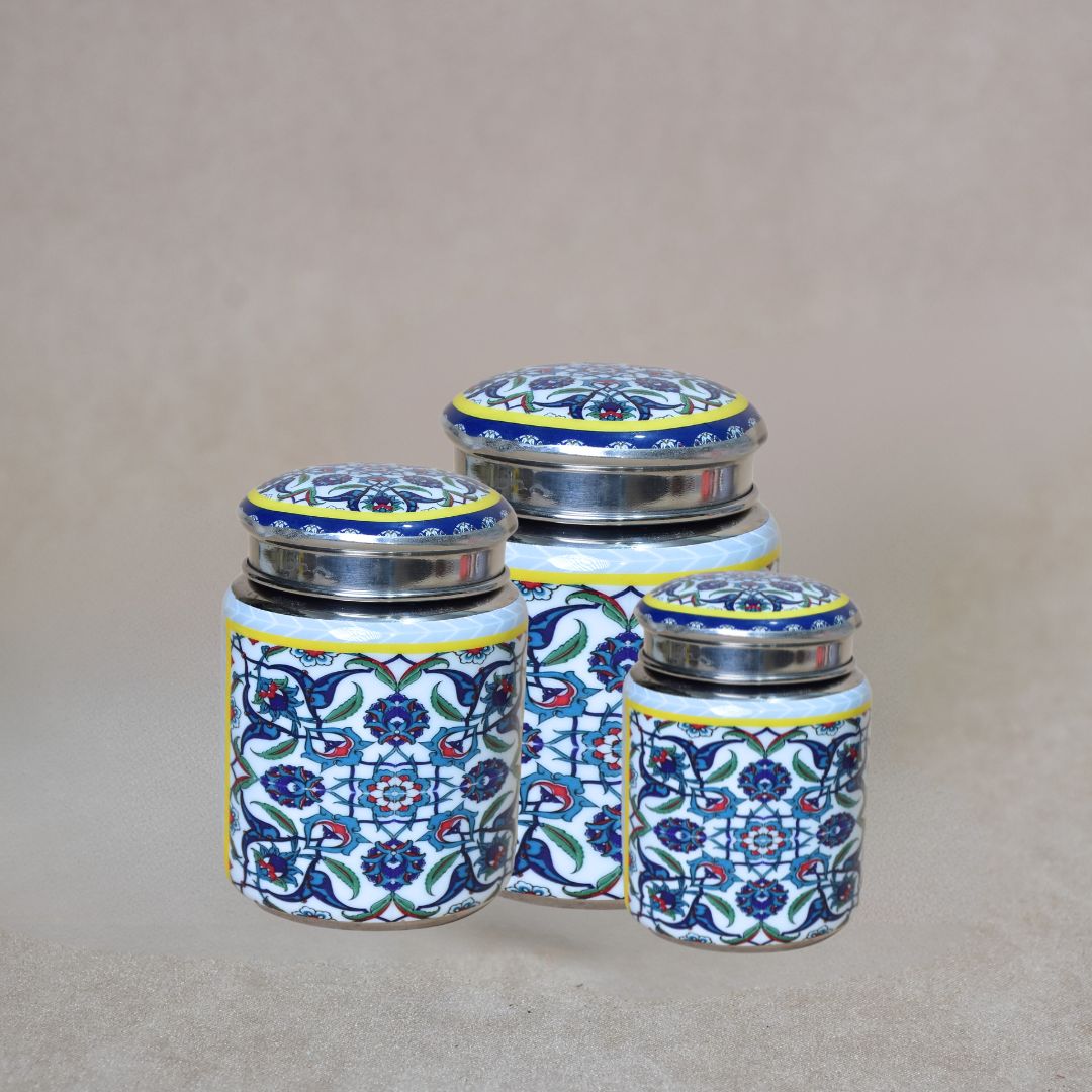 Stainless Steel Blue Abstract Printed Enamel Jar Set Of 3