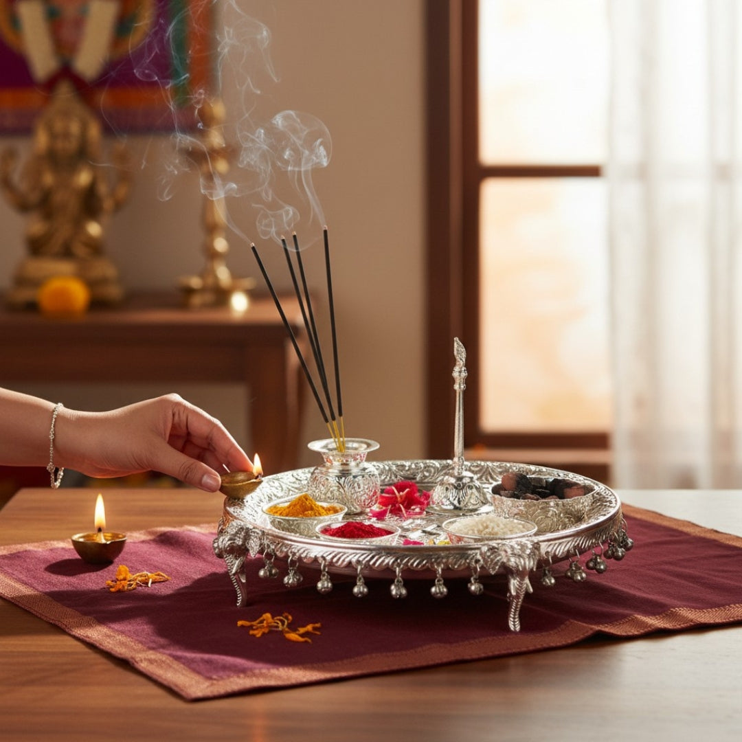German Silver Pooja Thali Set With Elephant Legs