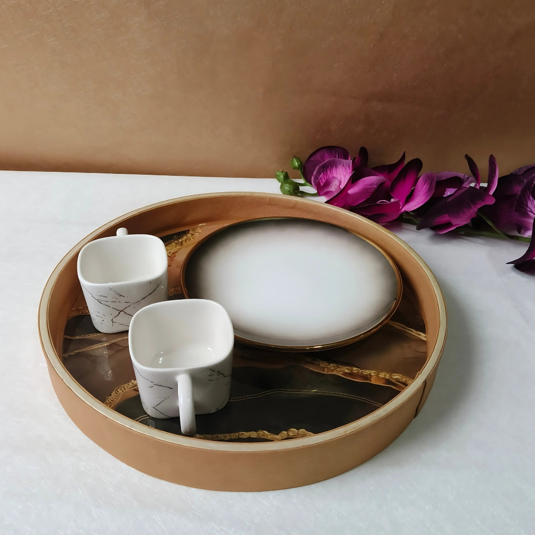 Round Leather Printed Tray