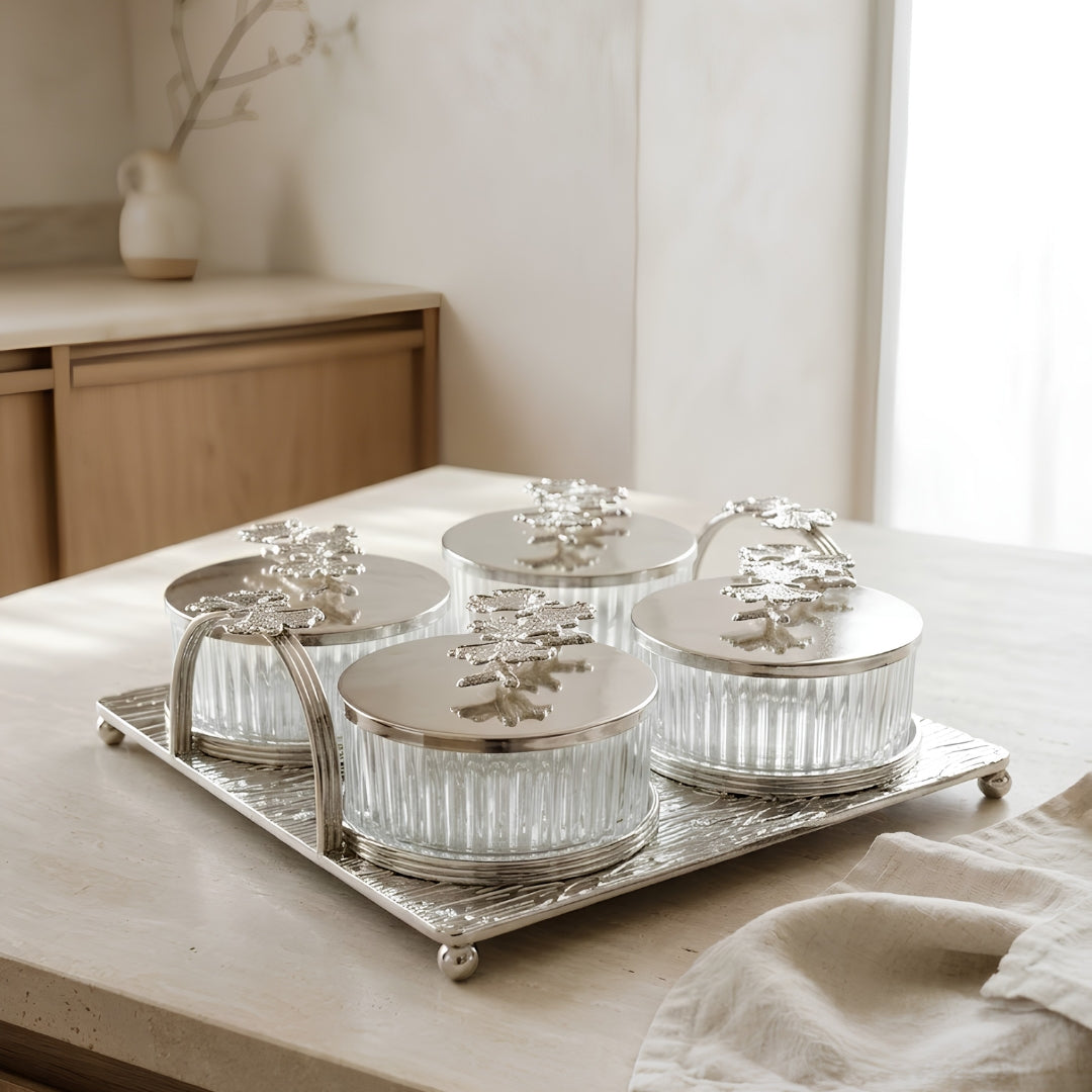 White Metal and Glass 4-Piece Storage Jar Set