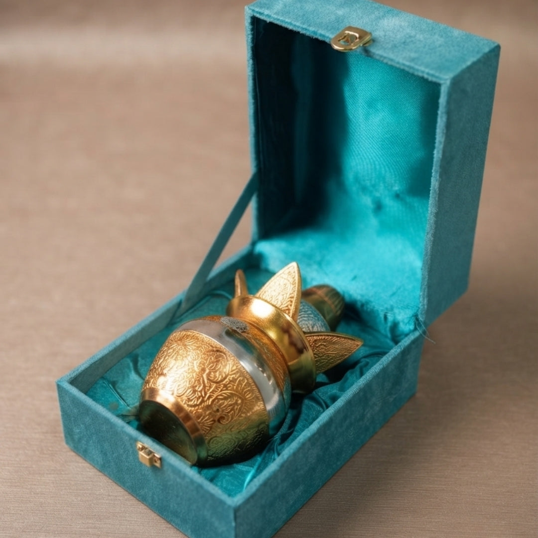 Gold Plated Kalash with Coconut Set in Turquoise Velvet Box for Worship