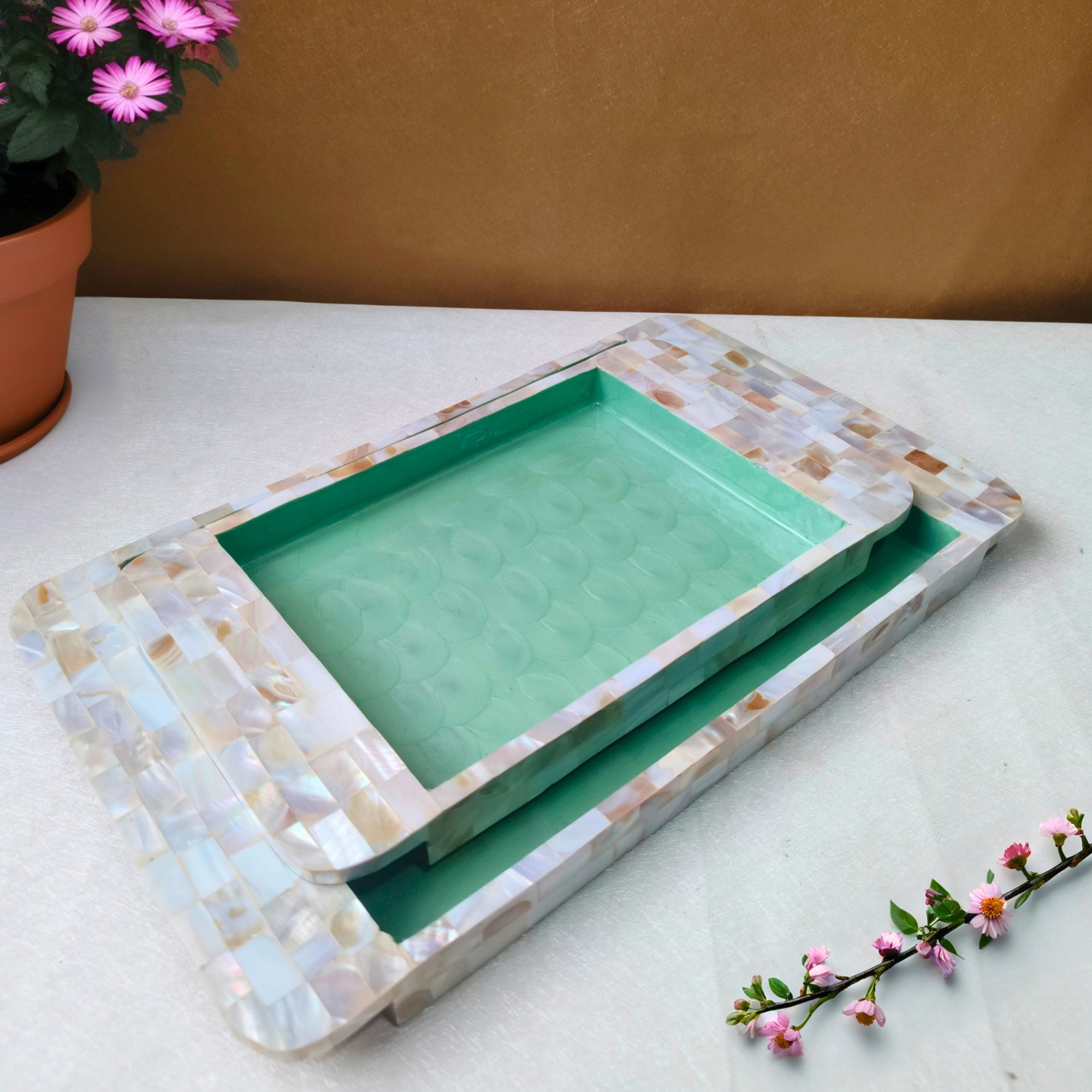 Rectangle Tray Set Of 2 - Wooden with White mother of pearl