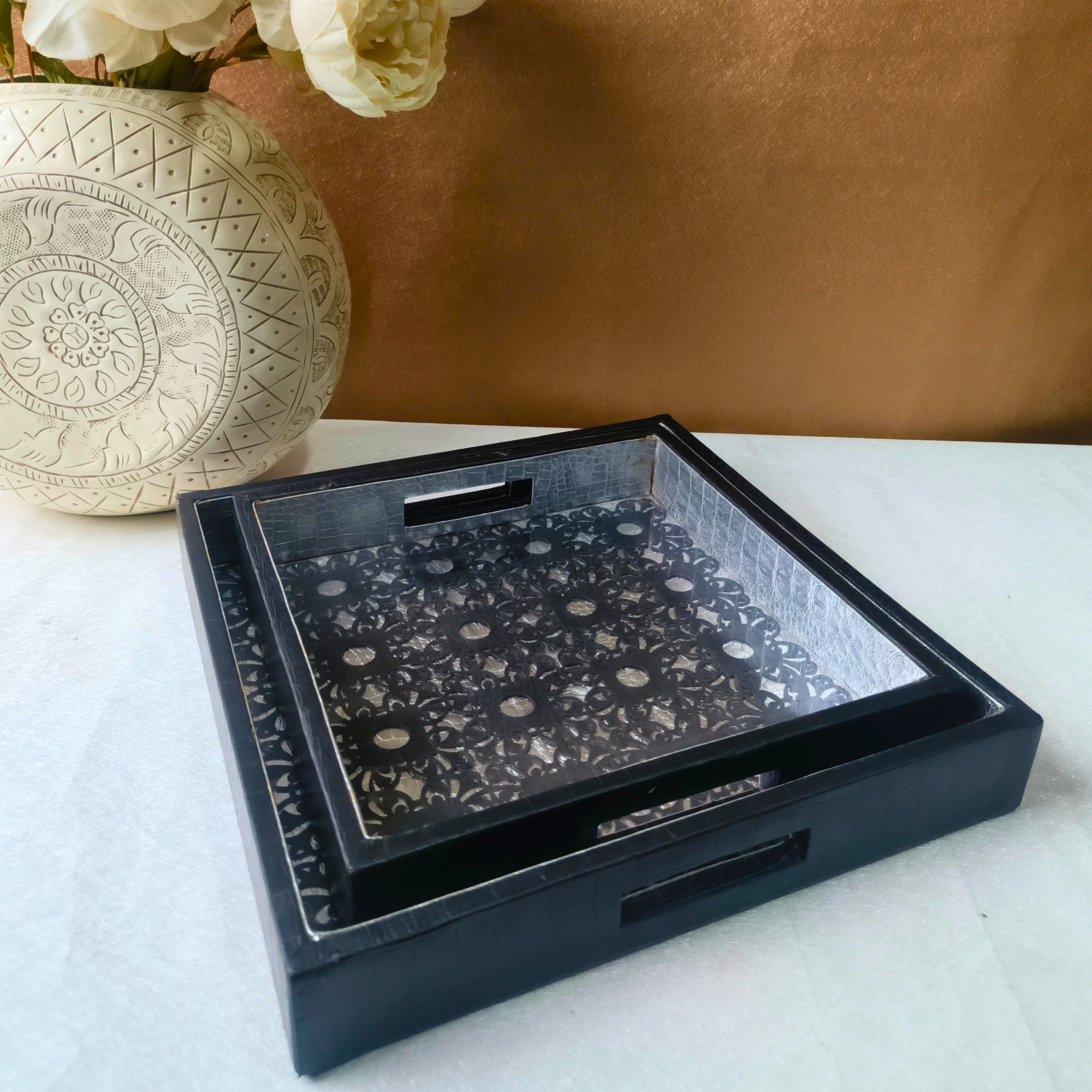 Black Square Leather Tray set of 2