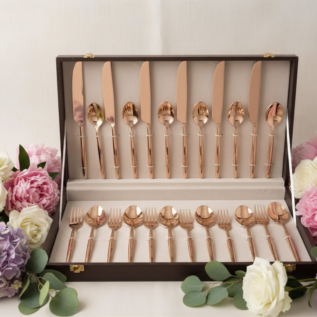 24 Pcs Premium Gold Stainless Steel Cutlery Set with Leather Gift Box