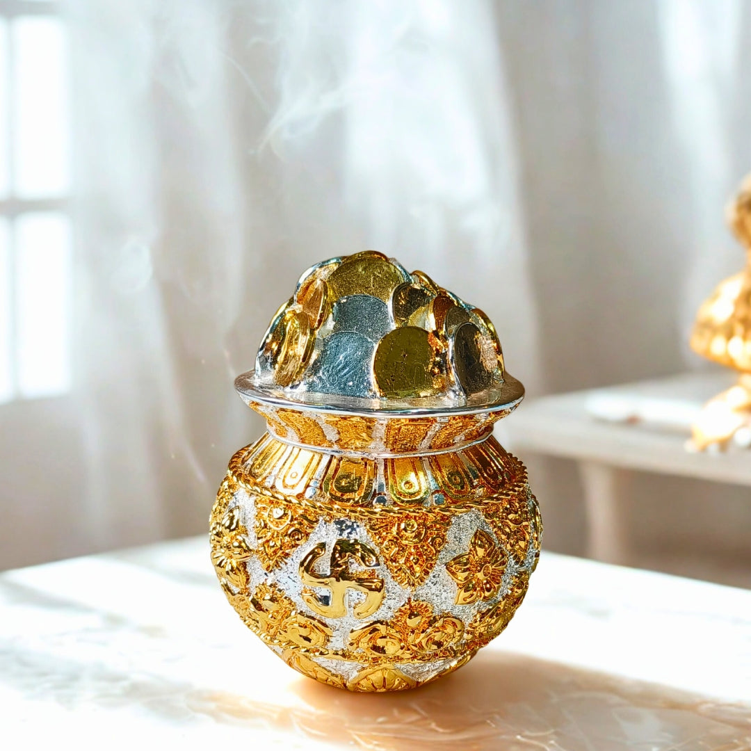 The Home Co- 999 Pure Silver Plated & 24K Gold Plated Wealth Kalash Sacred 5 Inch Abundance Idol