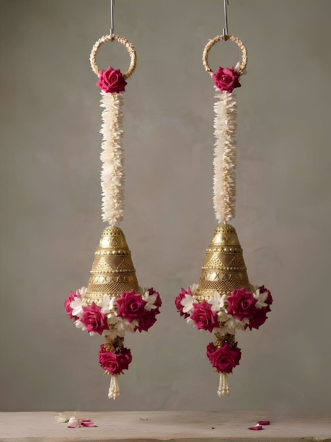 Artificial gajra with metal cone and pink rose sidehanging set of 2 - large