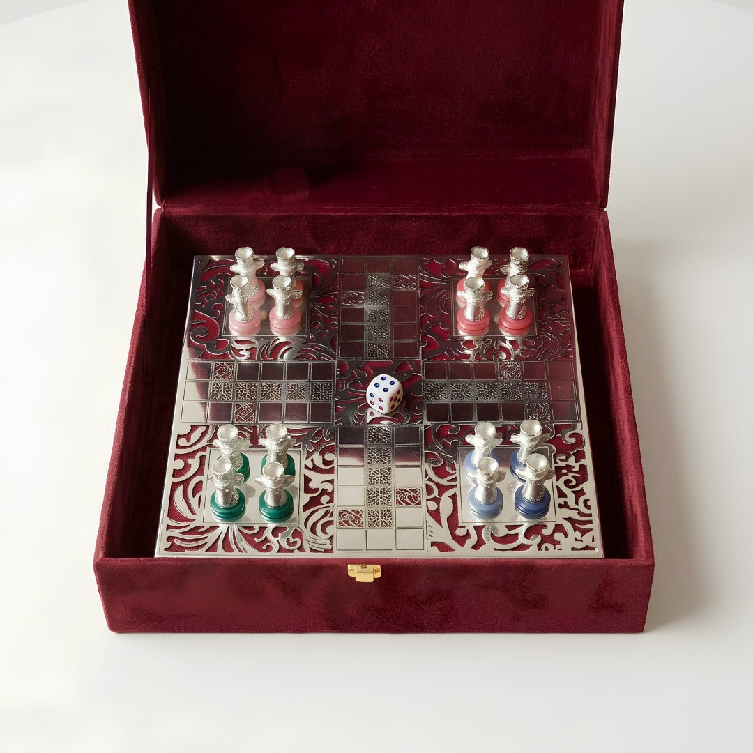 Luxury Silver Plated Ludo Box with Pull-Out Drawer, Metal Pawns & Red Velvet Base
