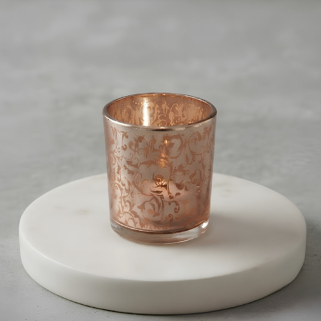 Etched Orange Glass Votive Candle Holder - Elegant Decorative Accent - single pc