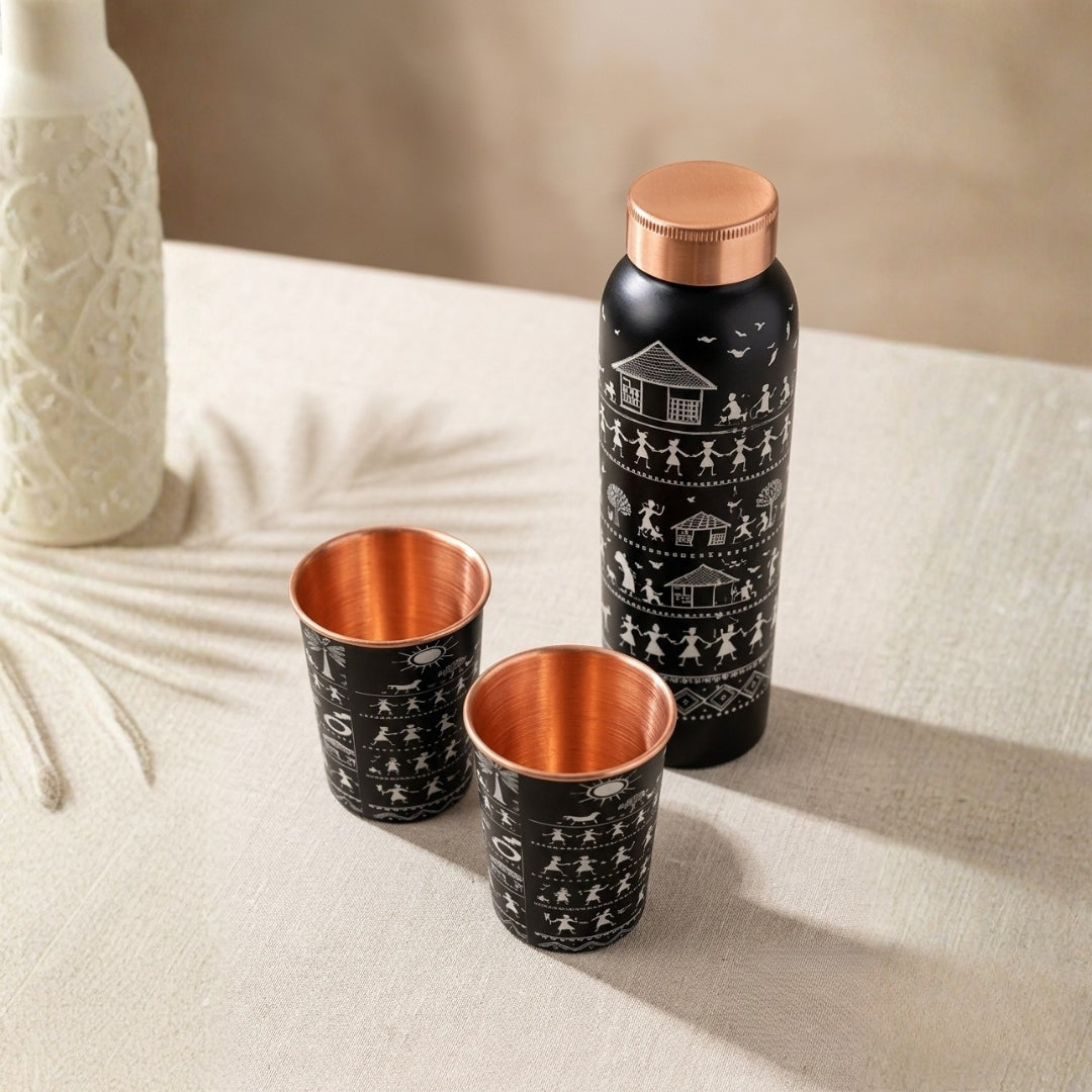 Handcrafted Copper Bottle and 2 Glass Set with Enamel Warli Print