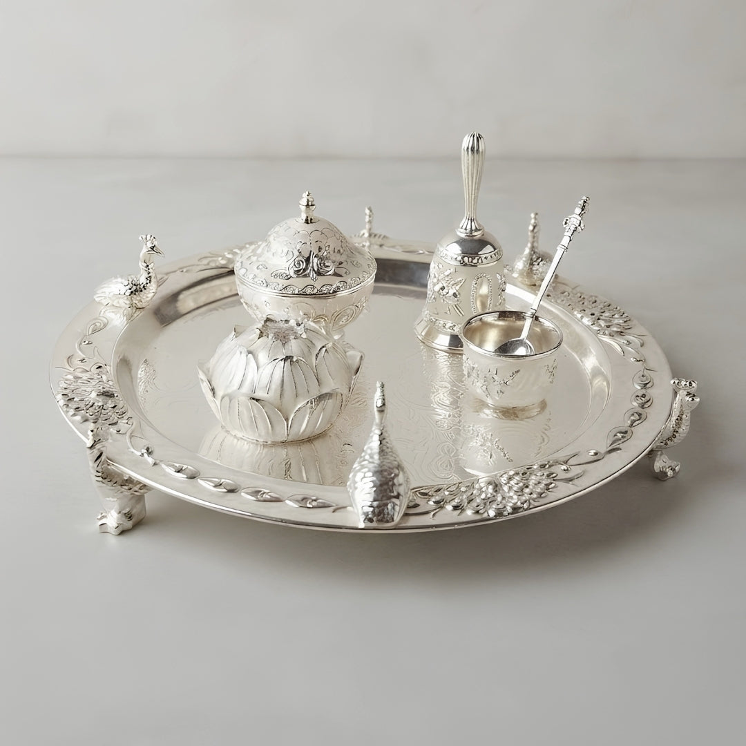 Silver-Plated Peacock Design Pooja Thali Set