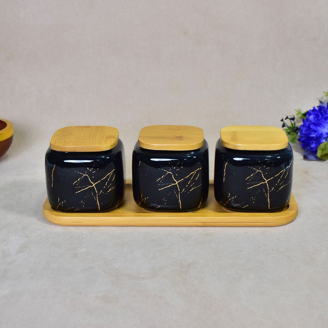 Ceramic Jar With Bamboo Tray Set Of 3 - Black