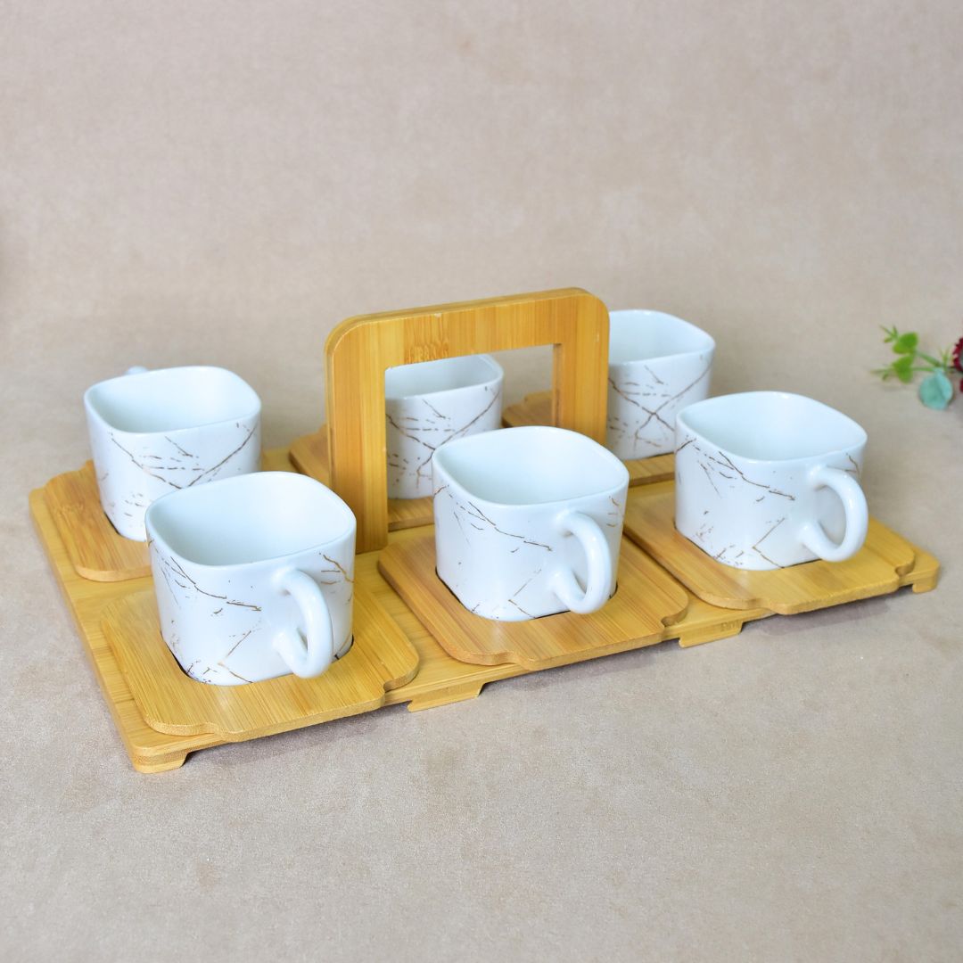 Ceramic Cup With Bamboo Tray Set Of 6 - White