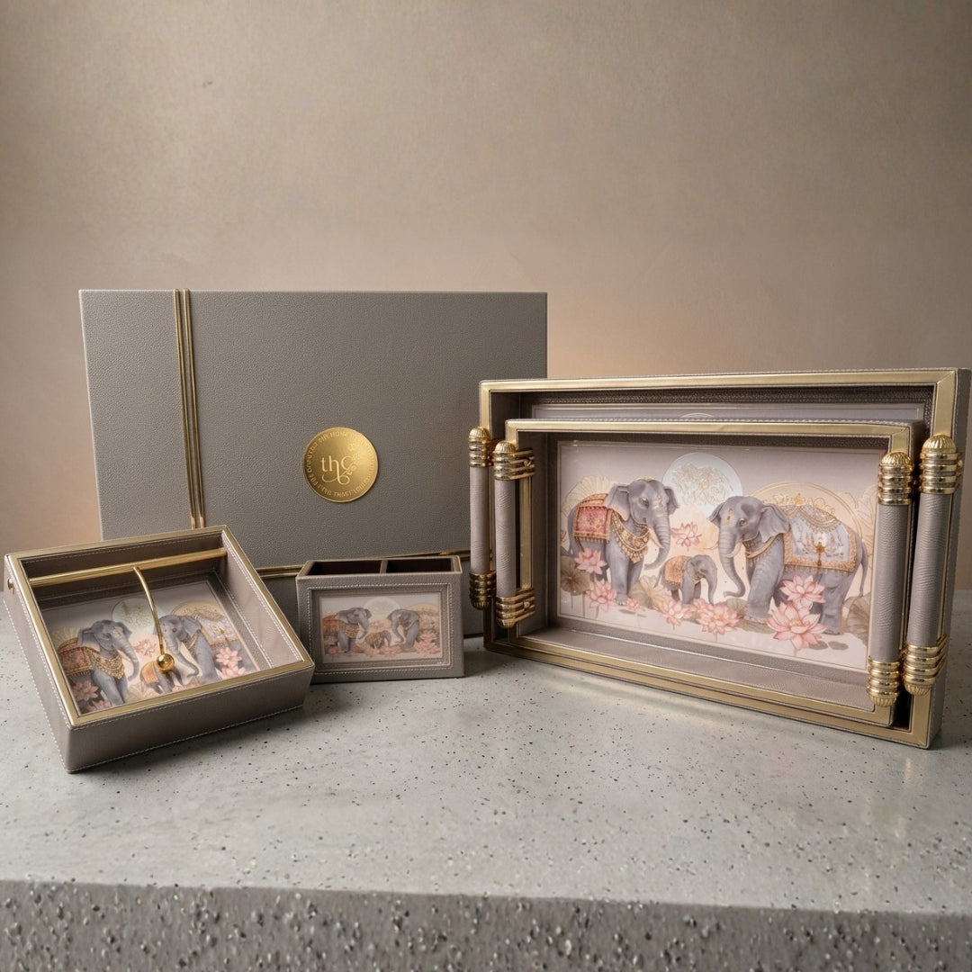 Royal Elephant Leatherette Serving Tray Set of 2 with Tissue & Cutlery Holder
