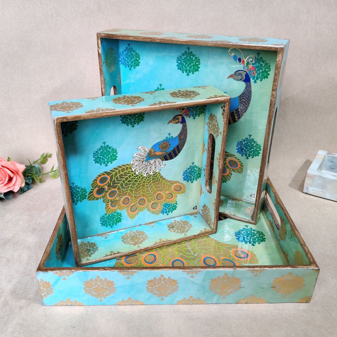 Square Tray Set Of 3 - Green Peacock