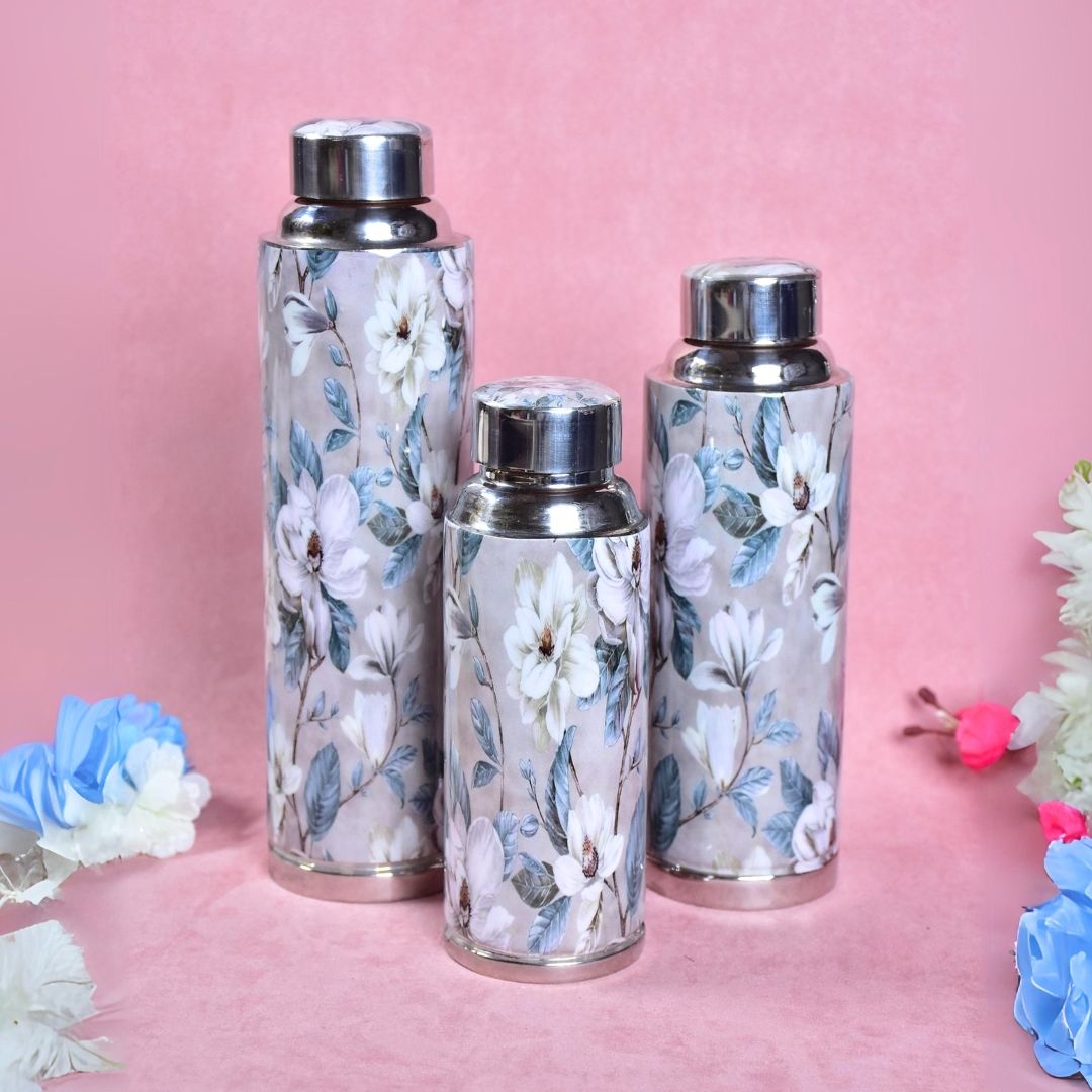 Grey Flower Copper Bottle - Set Of 3