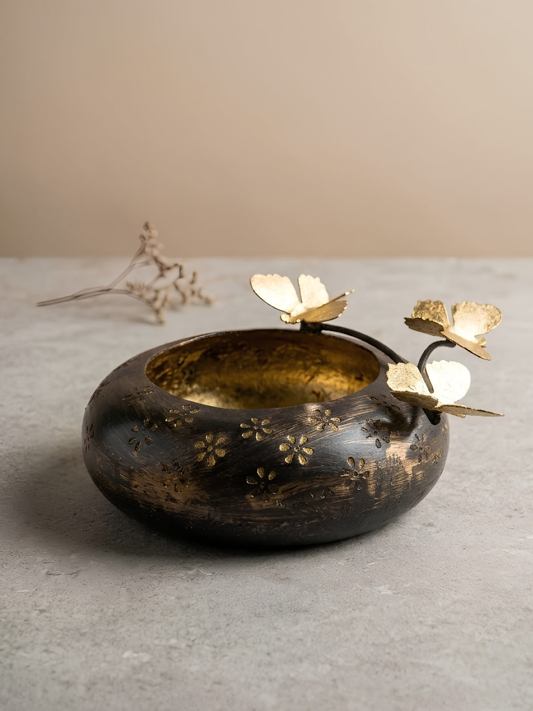 metal small antique finish urli with flower & butterfly motif- set of 2